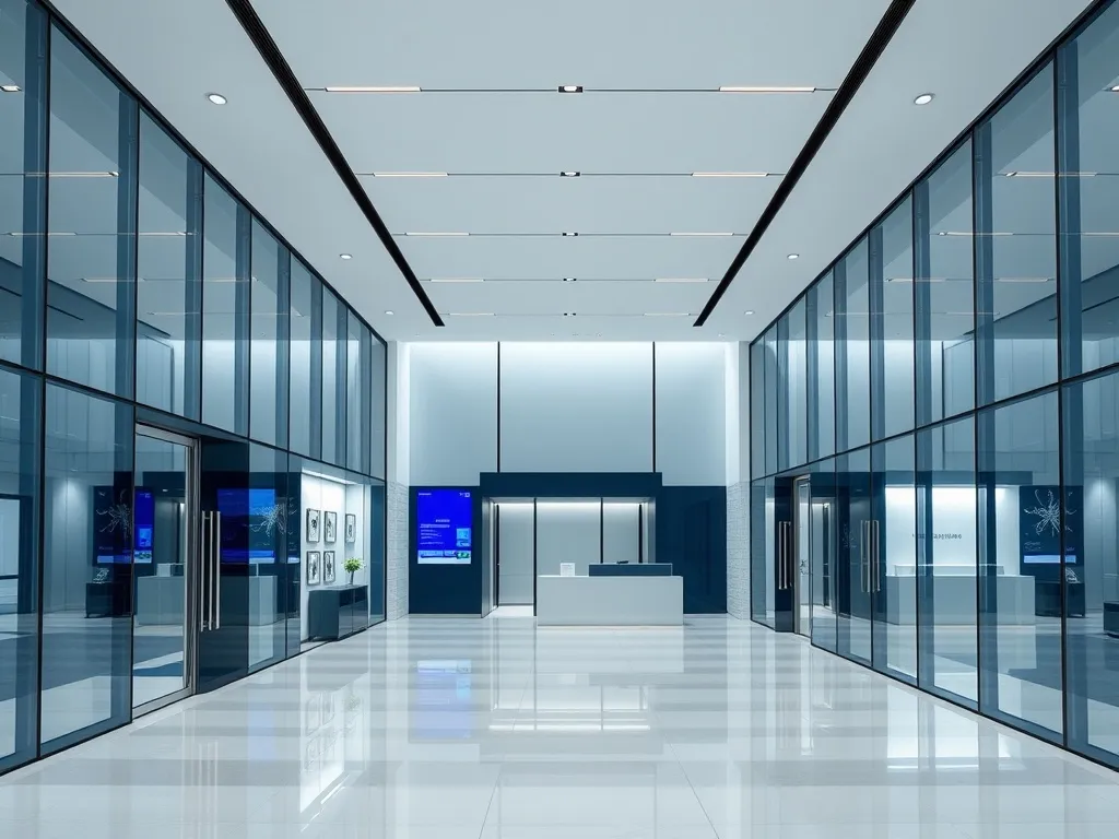 Modern minimalist bank interior with clean lines, glass, and