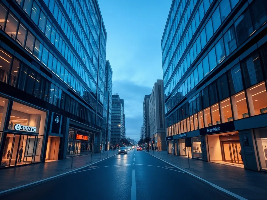 A professional wide shot of a modern banking district in a E