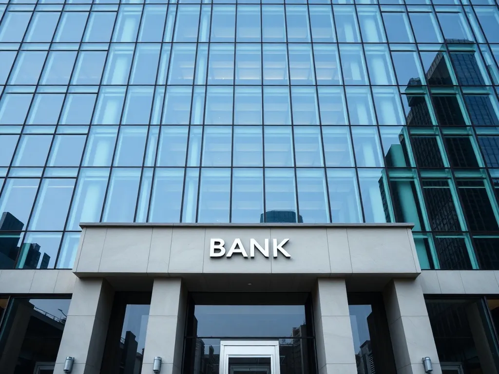 Modern bank building architecture with sharp lines and blue